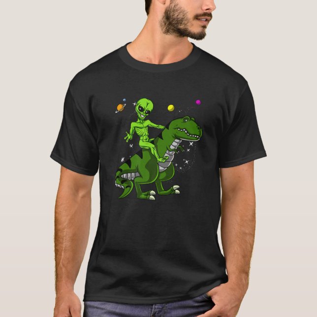 Camiseta Alienígena Espacial Andando Rex Dinossauro Ficção  (Frente)