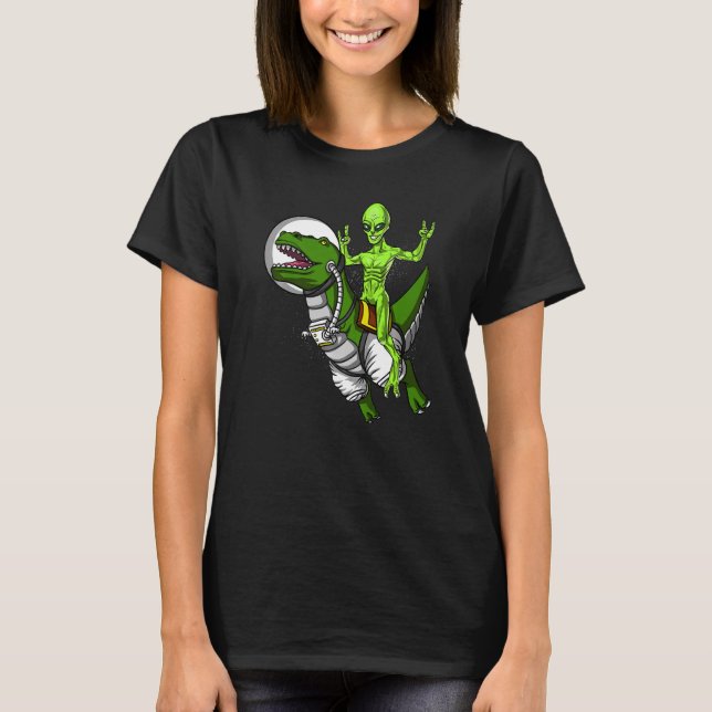 Camiseta Alienígena Espacial Andando T Rex Dinossauro Astro (Frente)