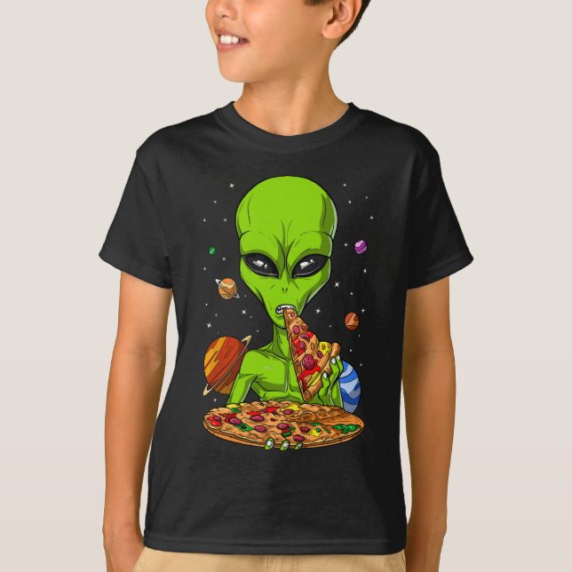 Camiseta Alienígena Espacial Comendo Pizza Engraçada OVNI F (Frente)