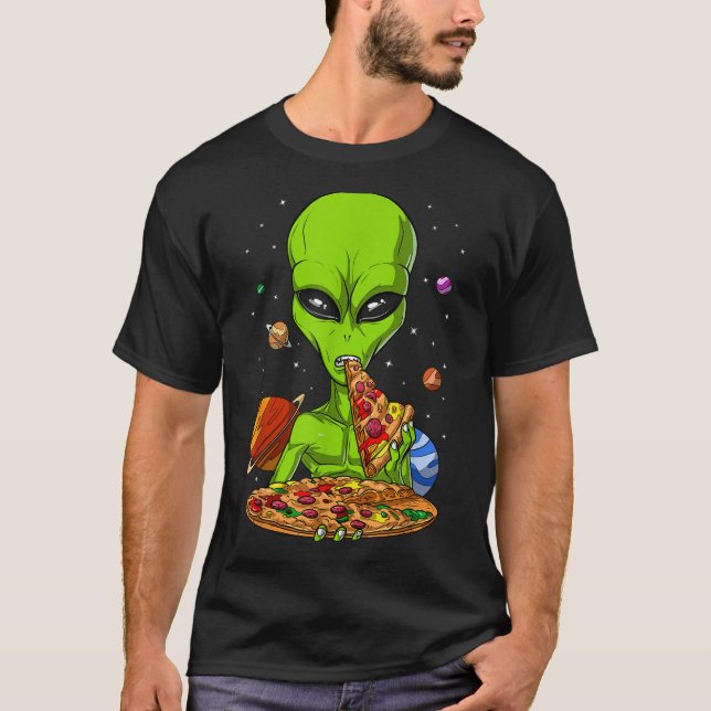 Camiseta Alienígena Espacial Comendo Pizza Engraçada OVNI F (Frente)