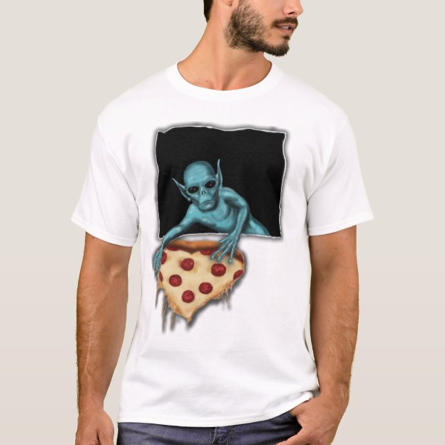 Camiseta Alienígena Espacial Roubando Uma Fatia De Pizza (Frente)