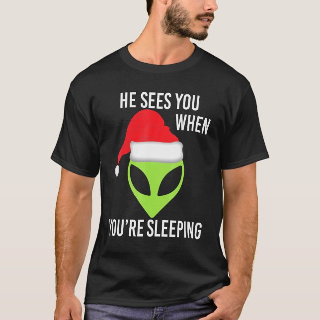 Camiseta Alienígena Espacial Verde Cabeça Natal Santa Hat U (Frente)