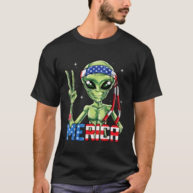 Camiseta Alienígena Merica 4 de julho Tshirt Men American F (Frente)
