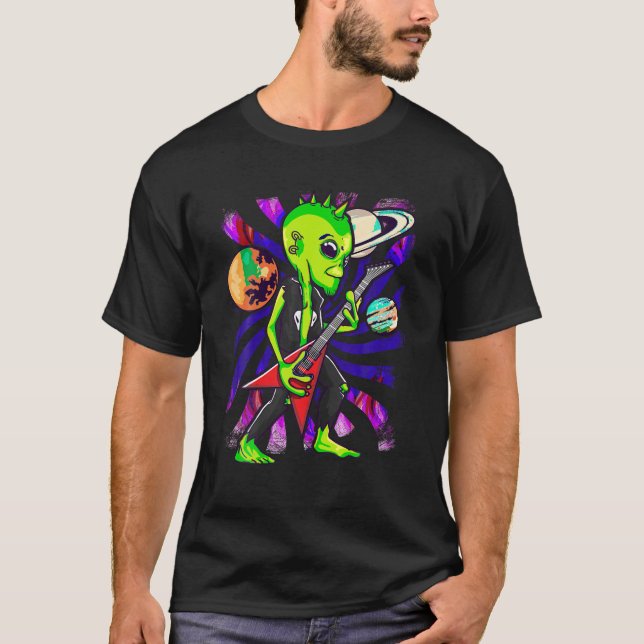 Camiseta Alienígena Rock Jogando Violão Elétrico Ventilador (Frente)
