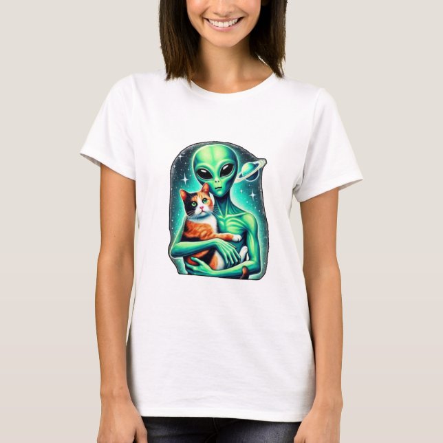 Camiseta Alienígena Segurando Calico Cat (Frente)