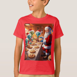 Camiseta alienígenas ajudando o Papai Noel a assar biscoito