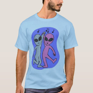 Camiseta aliens dançantes cor-de-rosa cinzas azuis por Wen