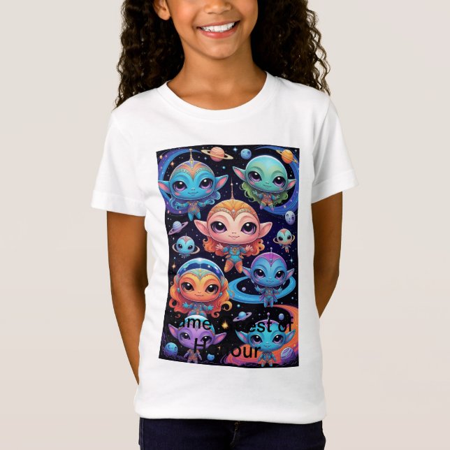 Camiseta Aliens de cores múltiplas pequenas no espaço (Frente)
