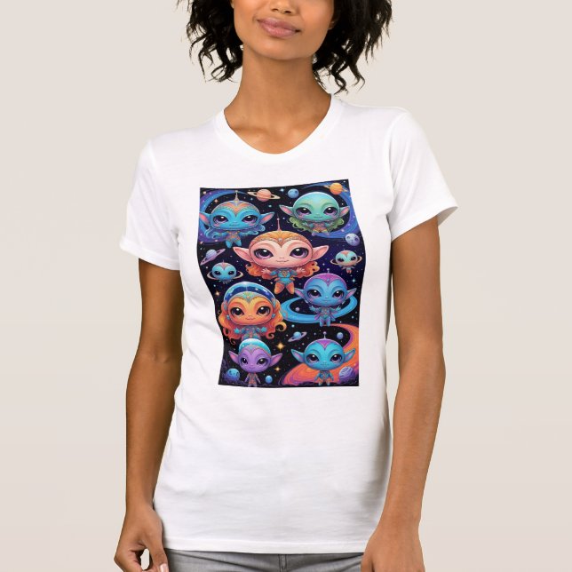 Camiseta Aliens de cores múltiplas pequenas no espaço (Frente)