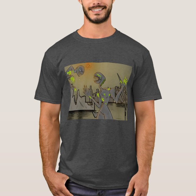 Camiseta Aliens lutando num mundo poste-apocalíptico (Frente)