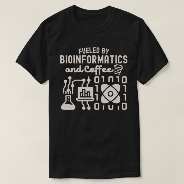 Camiseta Alimentado por Bioinformática e Café (Frente do Design)