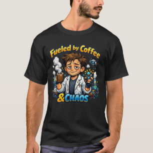 Camiseta Alimentado por Café & Caos – Cientista Engraçado