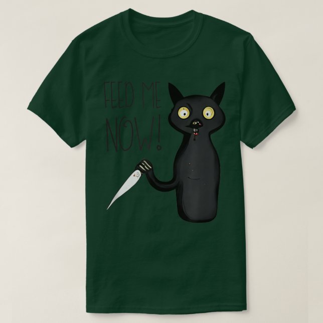 Camiseta Alimente-Me Agora Engraçado Gato Negro Assassino C (Frente do Design)