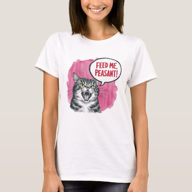 Camiseta Alimente-me um gato engraçado camponês (Frente)