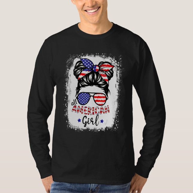 Camiseta All American Girl 4th July Messy Bun Us Flag (Frente)