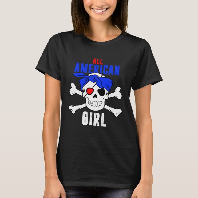 Camiseta All American Girl 4th of July Pirate Skull USA Fla (Frente)