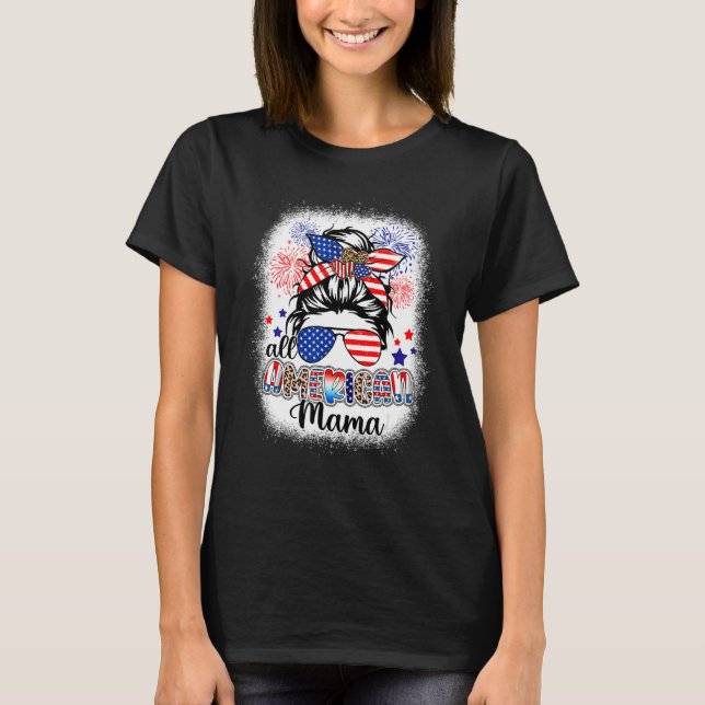Camiseta All American Mama Messy Bun 4th Of July Leopard Su (Frente)