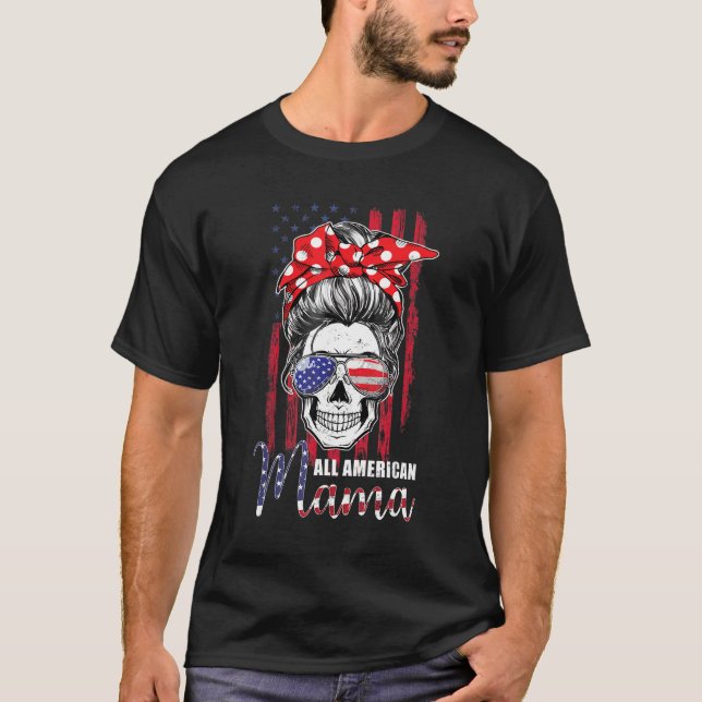 Camiseta All American Mama Mom Messy Bun Skull 4th Of July  (Frente)