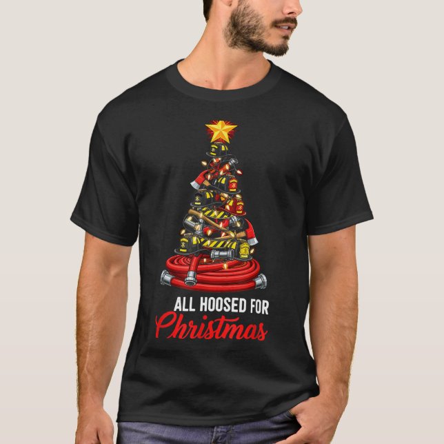 Camiseta All Hoosed Christmas Firefighter Tree Shirt, Firem (Frente)
