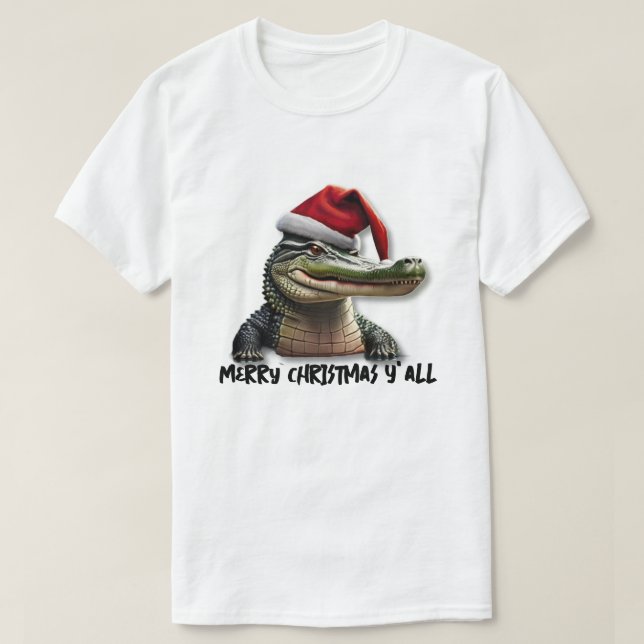 Camiseta Alligador Divertido em Santa Hat (Frente do Design)