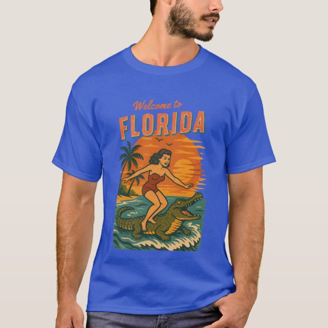 Camiseta Alligator Surfing Beach Pin-up Retro Coastal Life (Frente)