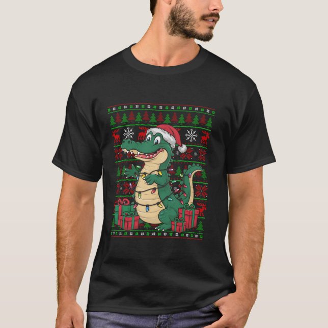 Camiseta Alligator Xmas Luzes Ugly Santa Hat Alligator Chr (Frente)