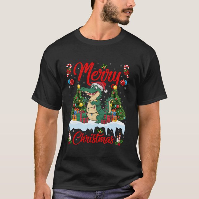 Camiseta Alligator Xmas Tree Lighting Santa Hat Alligator C (Frente)