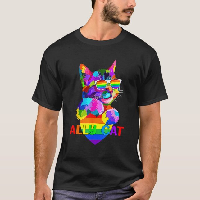 Camiseta Ally Cat LGBT Gay Rainbow Pride Flag Boys Men Girl (Frente)