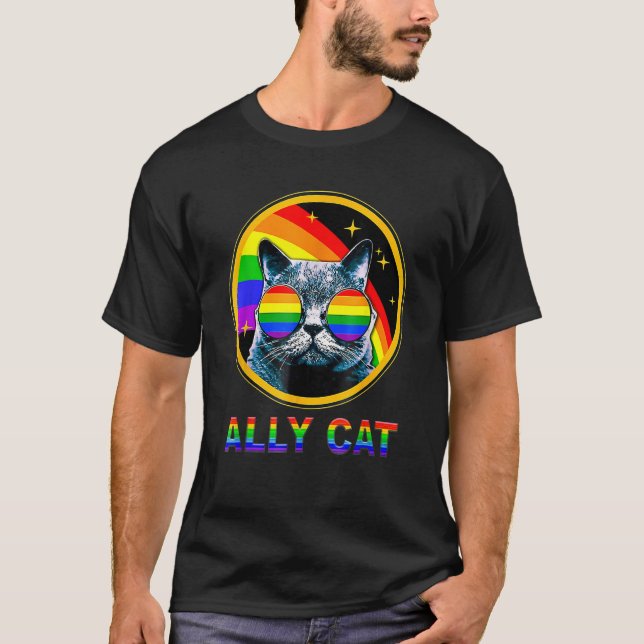 Camiseta Ally Cat LGBT Pride Month Cat With Ally Pride Rain (Frente)