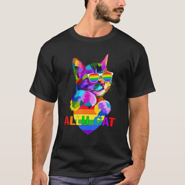 Camiseta Ally Cat Rainbow Flag Heart Para Lgbt Gay E Lesbi (Frente)