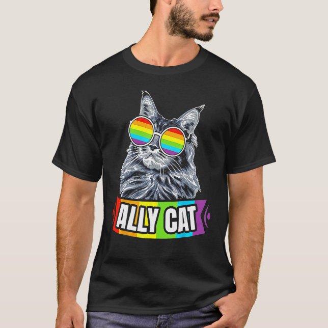 Camiseta Ally Cat Rainbow LGBT LGBTQ Lesbian Gay Trans Prid (Frente)