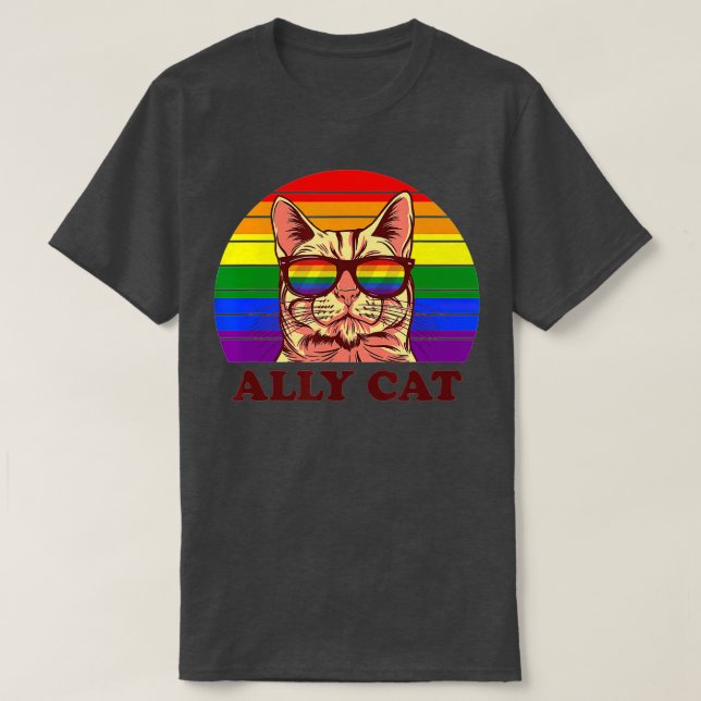 Camiseta Ally Cat Rainbow Óculos Sunglóbulos LGBTQ Engraçad (Frente do Design)