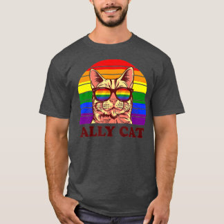Camiseta Ally Cat Rainbow Óculos Sunglóbulos LGBTQ Engraçad