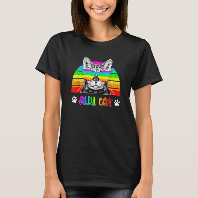 Camiseta Ally Cat Rainbow Sunglass Lgbt Orgulho gay Cat (Frente)