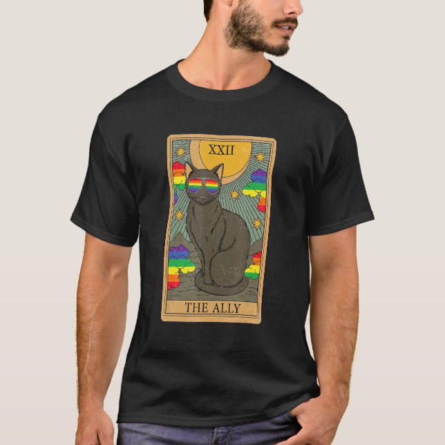 Camiseta Ally Cat Rainbow Sunglass Tarot Card Para Orgulho  (Frente)
