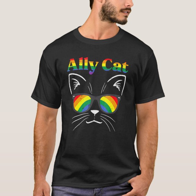 Camiseta Ally Cat Rainbow Sunglasses LGBT Gay Pride Kitty A (Frente)