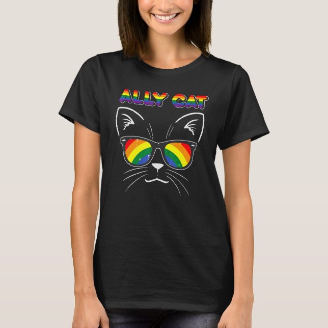 Camiseta Ally Cat Sunglass Gay Rainbow Pride Lgbt Suporte (Frente)