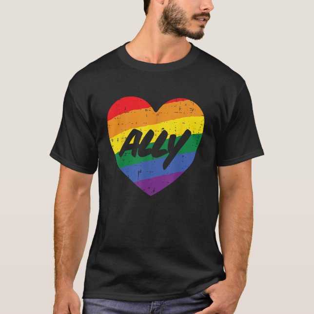 Camiseta Ally Heart Gay Rainbow Pride Flag LGBTQ Support Me (Frente)