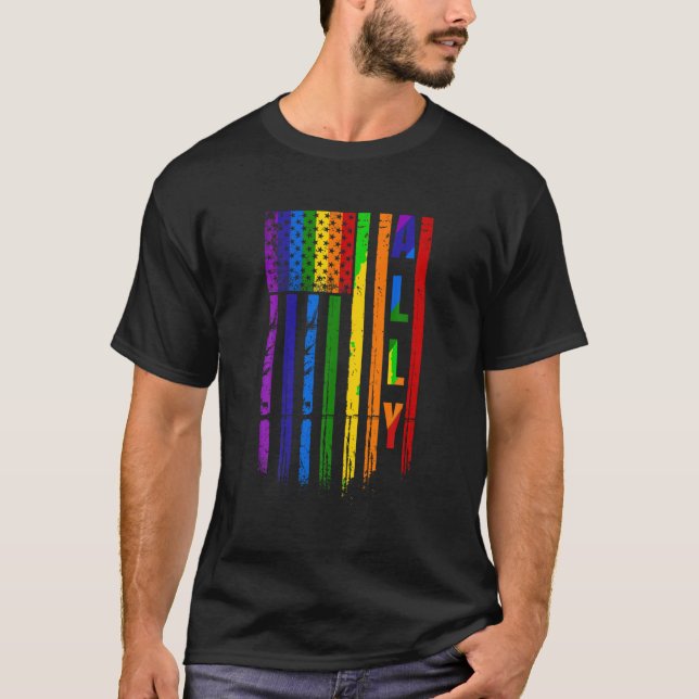 Camiseta Ally LGBT LGBT Orgulho Arco-Íris Bandeira American (Frente)