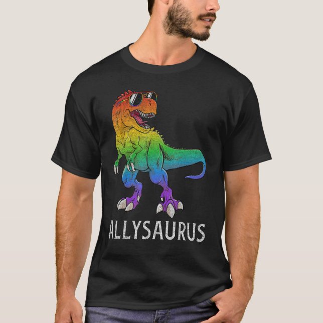 Camiseta Allysaurus Dinosaur In Rainbow Flag Ally LGBT Gay  (Frente)
