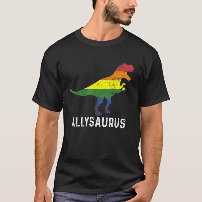Camiseta Allysaurus Dinosaur Rainbow Flag For Ally Lgbtq Pr (Frente)