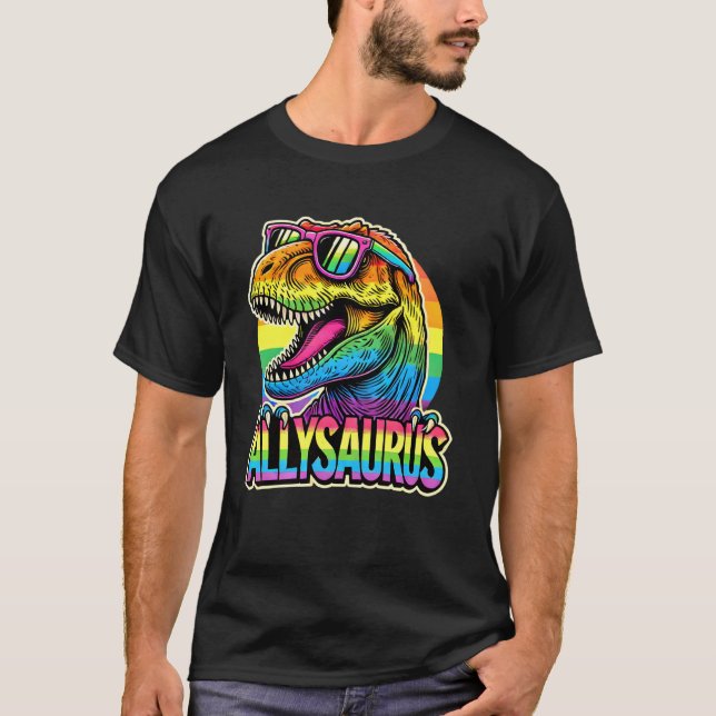 Camiseta Allysaurus LGBT Dinosaur Orgulho gay Flag Ally Rai (Frente)