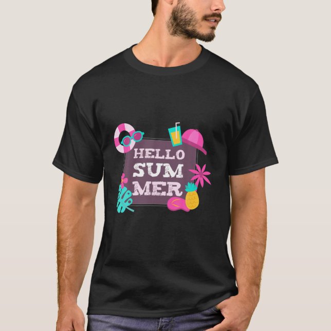 Camiseta Alô Boné Rosa de Verão Óculos de sol Fruta Palm Be (Frente)