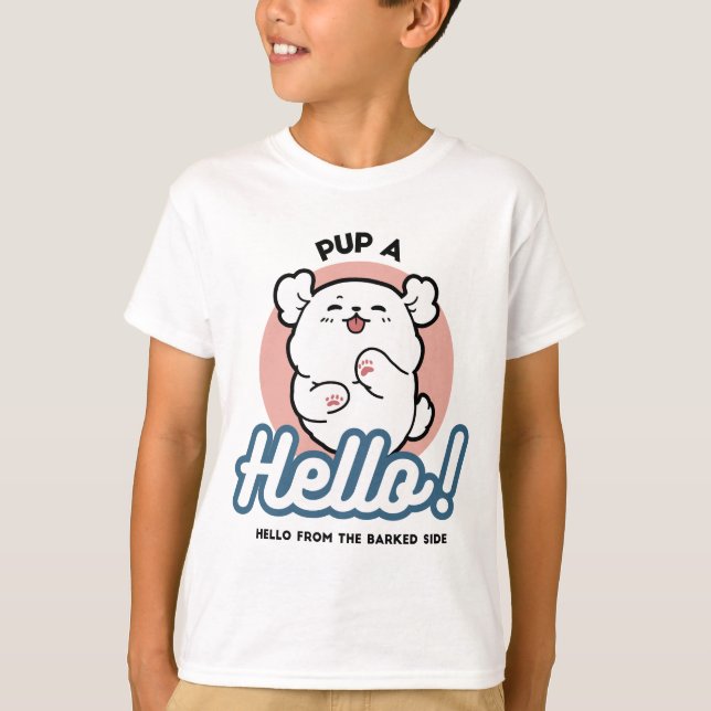 Camiseta Alô! - Design de Cartoon Feliz de Cachorro Branco (Frente)