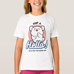Camiseta Alô! - Design de Cartoon Feliz de Cachorro Branco