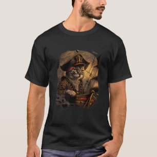 Camiseta Alô, Pirata! Desenho de Gato Pirata com Navio e Jo