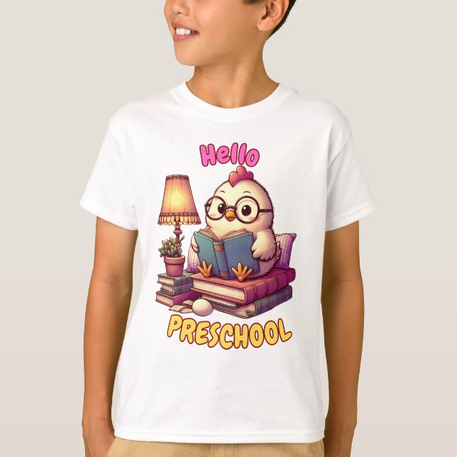 Camiseta Alô, pré-escola, frango bonito lendo crianças Desi (Frente)
