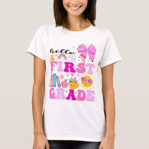 Camiseta Alô, primeiro ano, pré-disquete de volta à escola