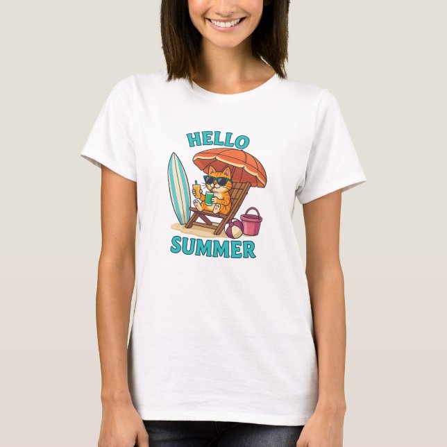 Camiseta Alô Summer Cat T-Shirt - Bonita oferta de cartoon  (Frente)