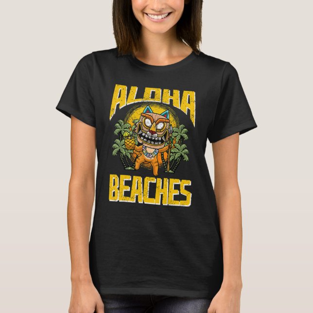 Camiseta Aloha Beaches Gato Havaiano Vestindo Tiki Mask Lua (Frente)